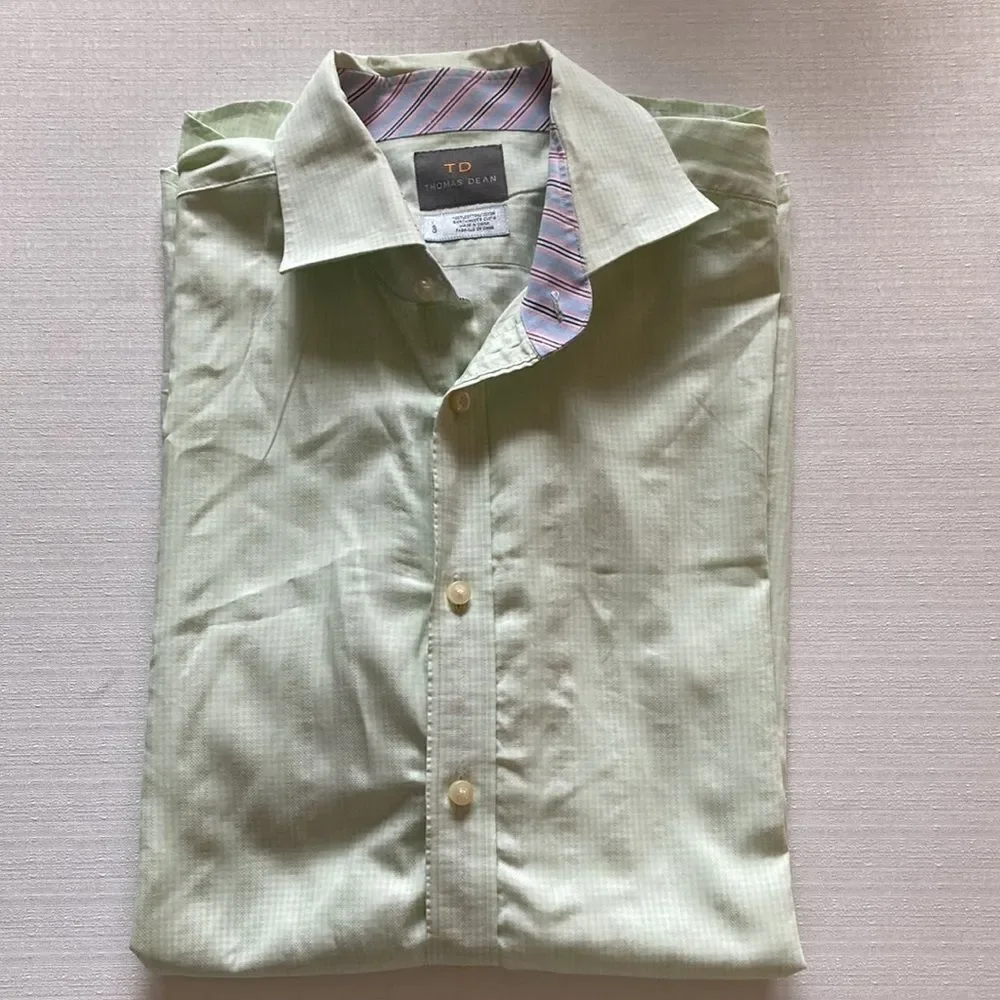 Thomas Dean Men's‎ Long Sleeve Button Front in Celery Green White Size Large